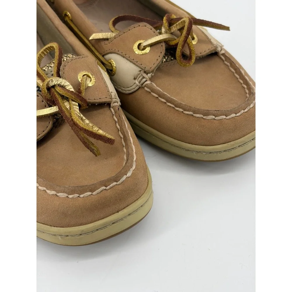 Sperry Angelfish, Tan/Gold Leather Glitter Boat Shoes, Women's Size 7, Pre-Owned